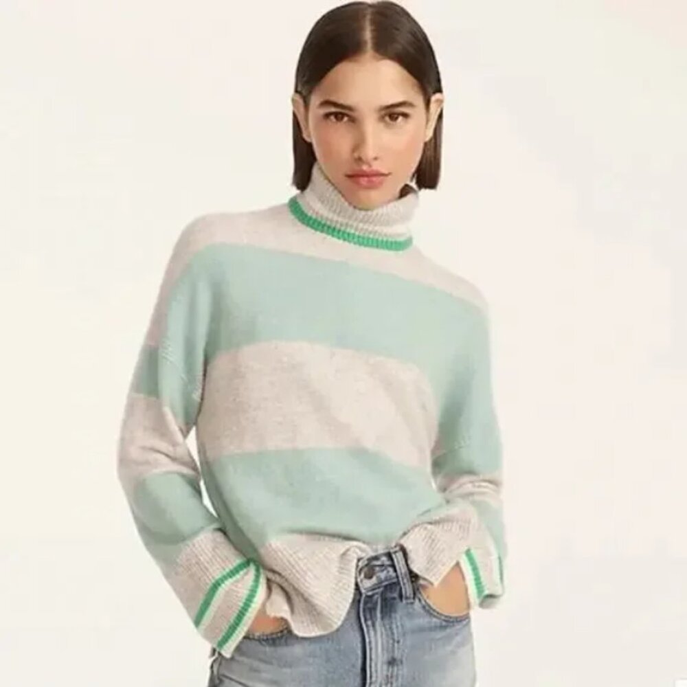 NEW J. Crew Striped Turtleneck Sweater in Supersoft Yarn green XL